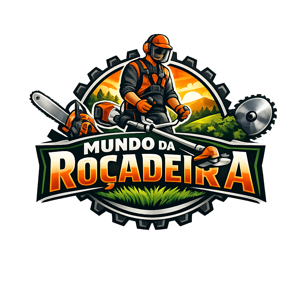 Logo do site Mundo da Roçadeira com operador usando roçadeira, engrenagem ao fundo, lâmina de corte e elementos em tons de verde e laranja.